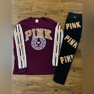PINK VS BURGANDY BLING DOGGIE HTF TSHIRT/ YOGA LEGGINGS PANTS OUTFIT LARGE